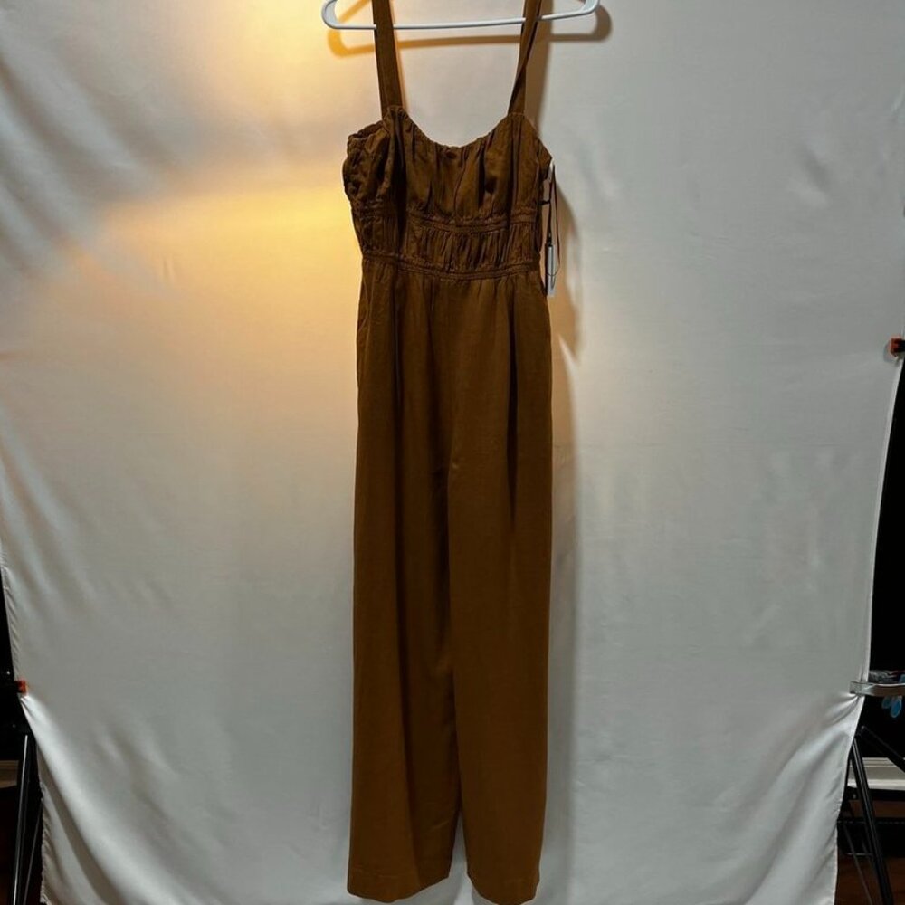 ASTR The Label Mocha Shirred Wide Leg Linen Blend Jumpsuit Brown Medium - Picture 4 of 15